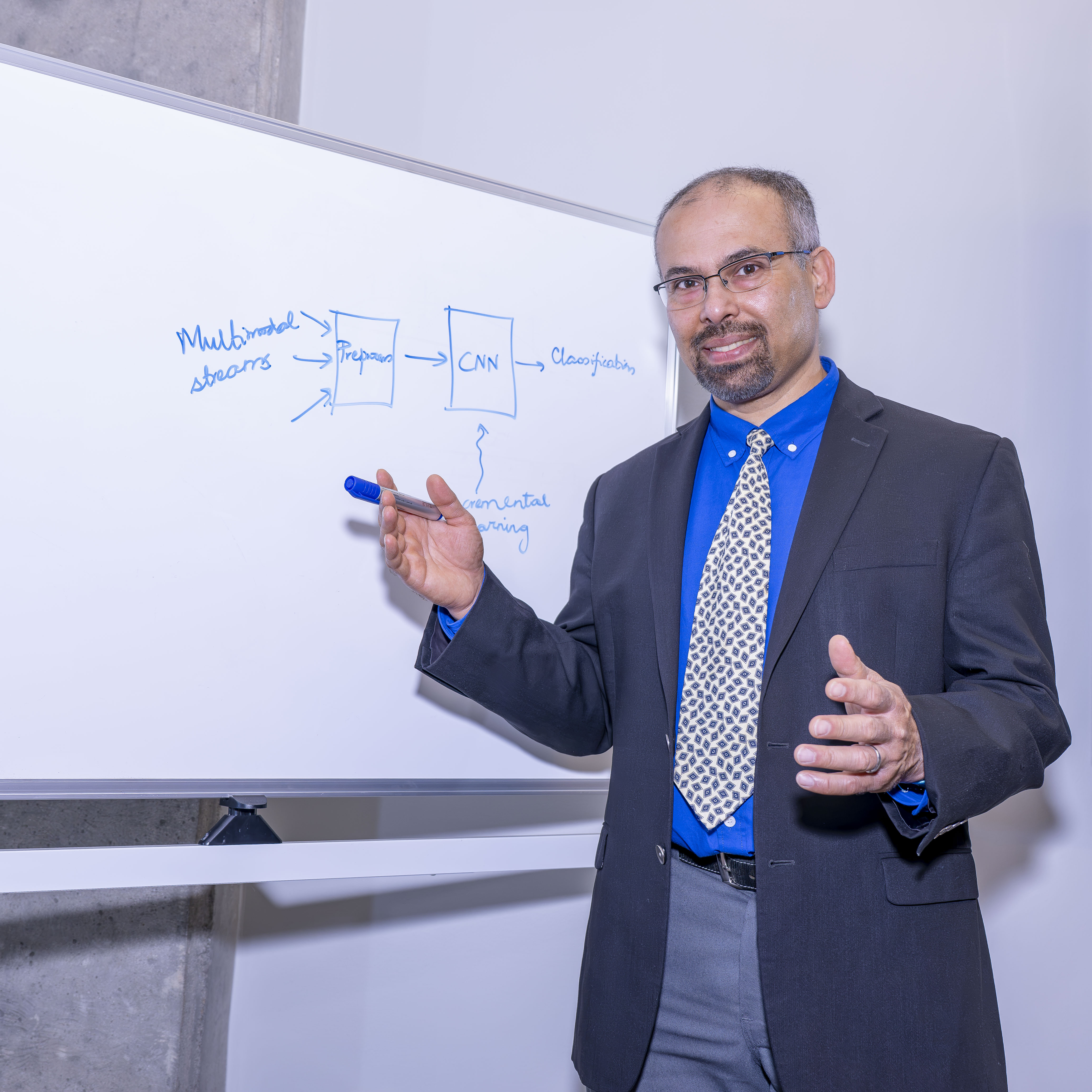 Saurabh Bagchi sketching a multimodal classification pipeline on a whiteboard